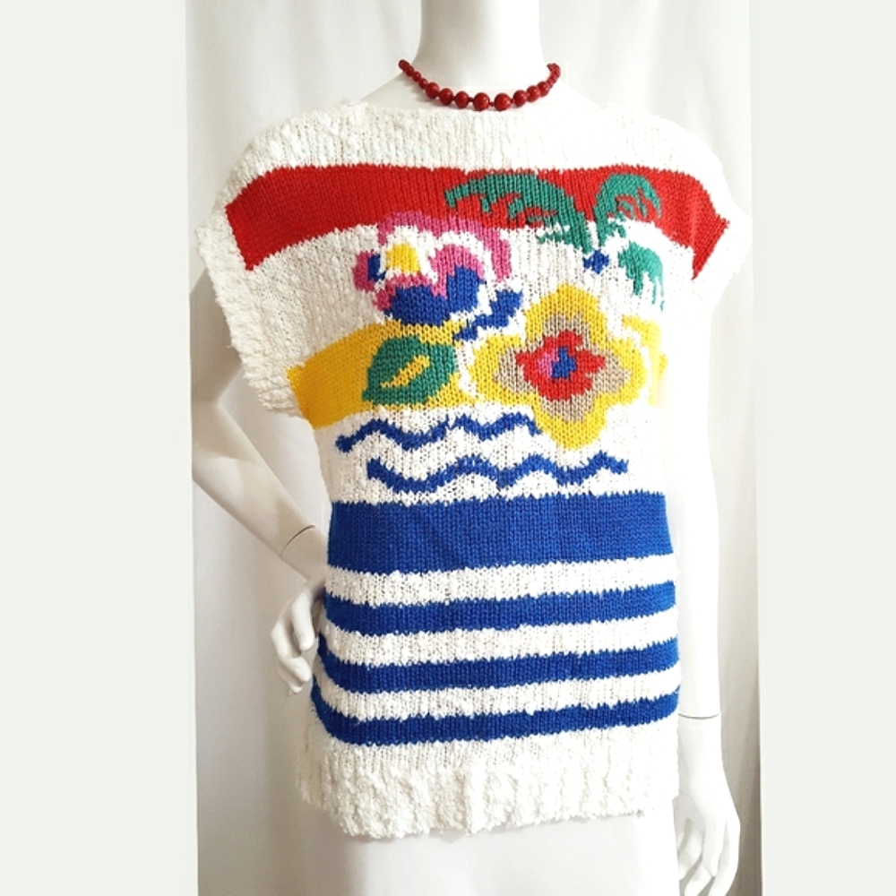90's💋Country Girl🌺Multicolor Floral Stripes Boho Knit Top